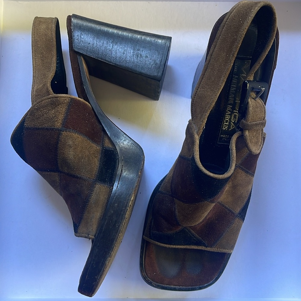Via Spiga Vintage Suede Chunky Heels, Olive Green, Brown & Black, Size 7M